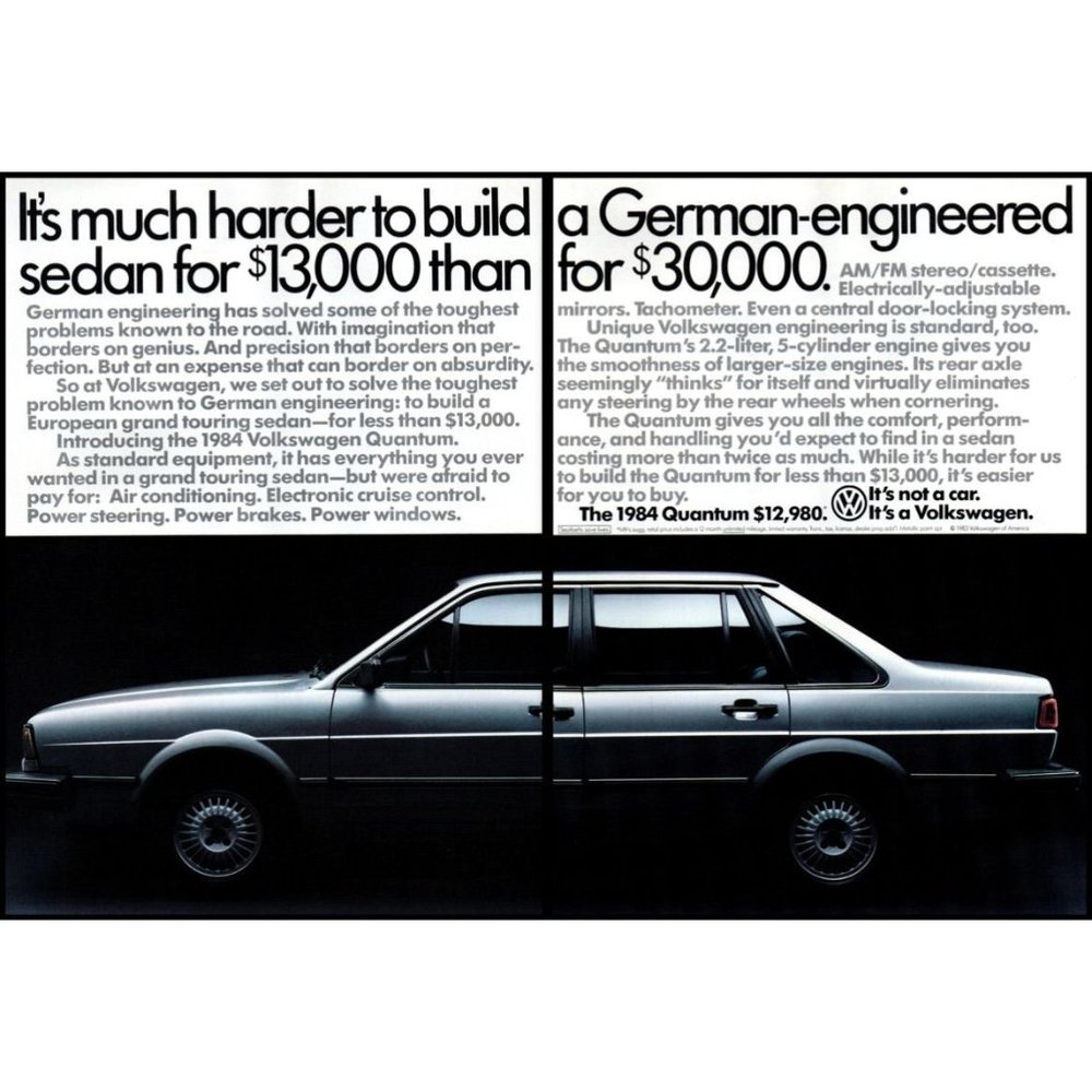 1984 VW Volkswagen Quantum Sports Sedan 2 Page Vintage Print Ad Sideview Photo